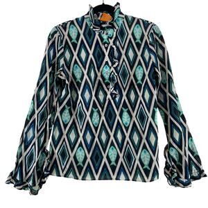 Tory Burch Womens Fish Blue Print Blouse Top Size 8 Cotton
